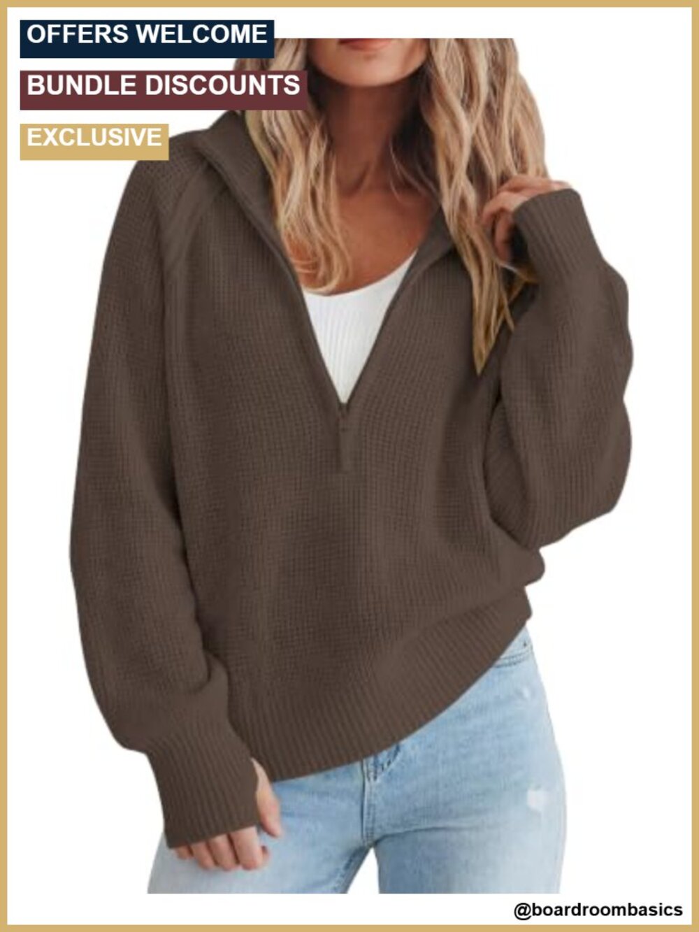 Waffle Knit Quarter Zip Pullover Sweater with Thumb Holes